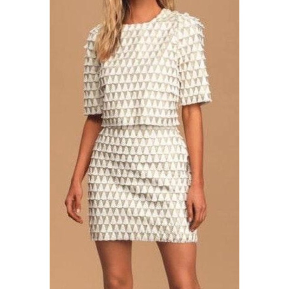 Lulus XS Dress Skirt Set‎ White Gold Fringe Cropped Top Party Cocktail Bridal